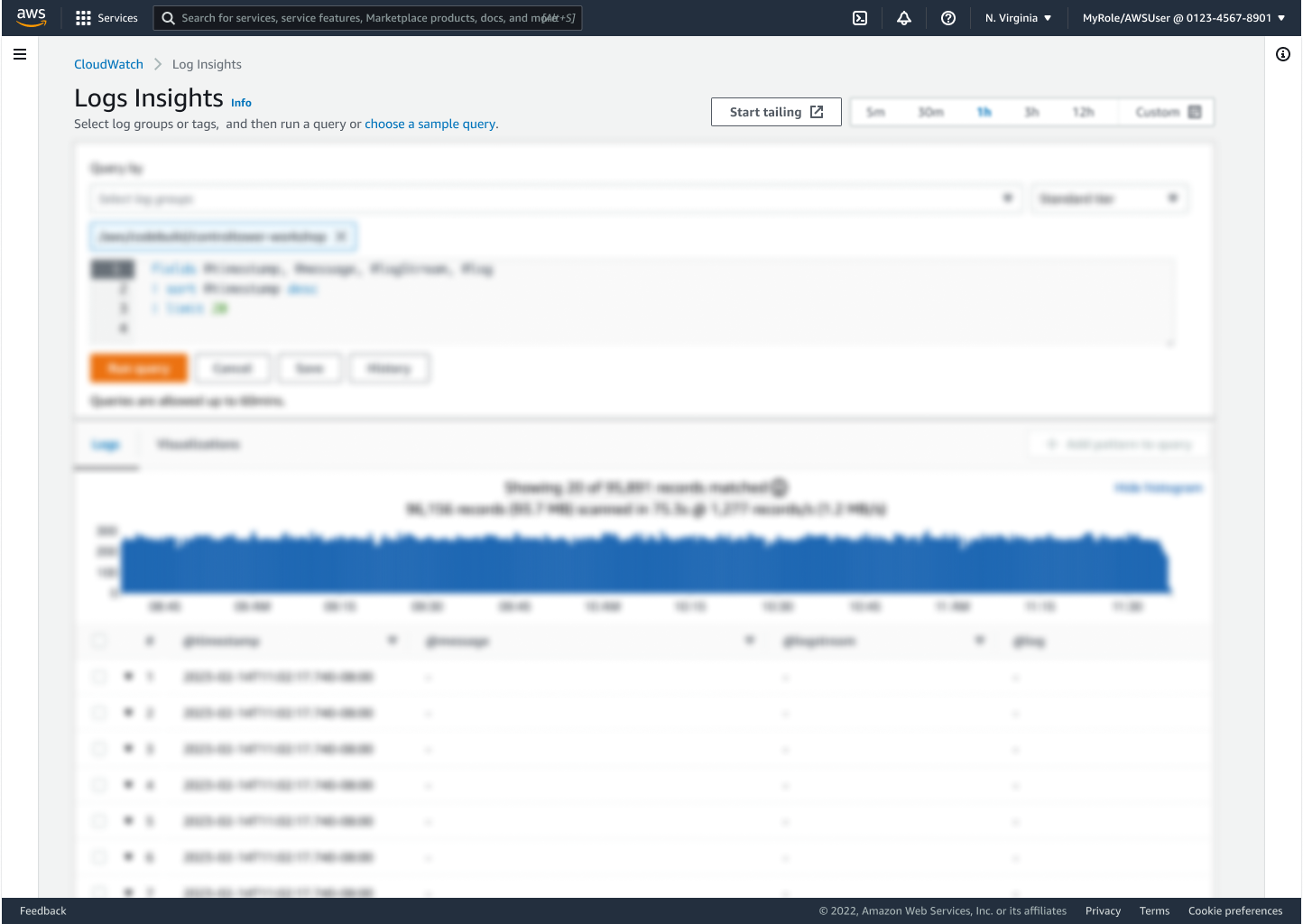 Screenshot: Multiple entry points — Live Tail, Log Groups, and Logs Insights