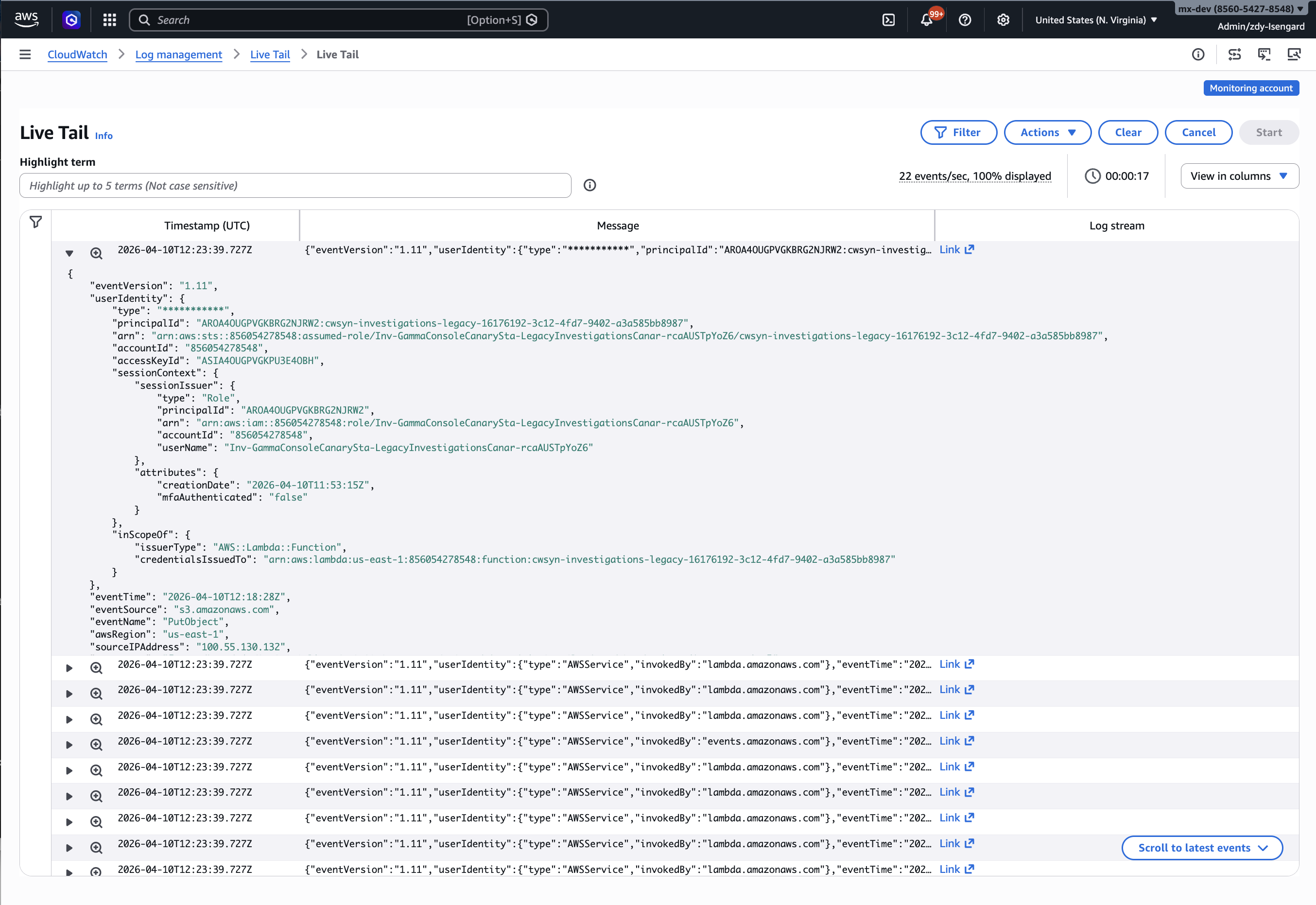 Screenshot: event detail panel expanded with trailing events view