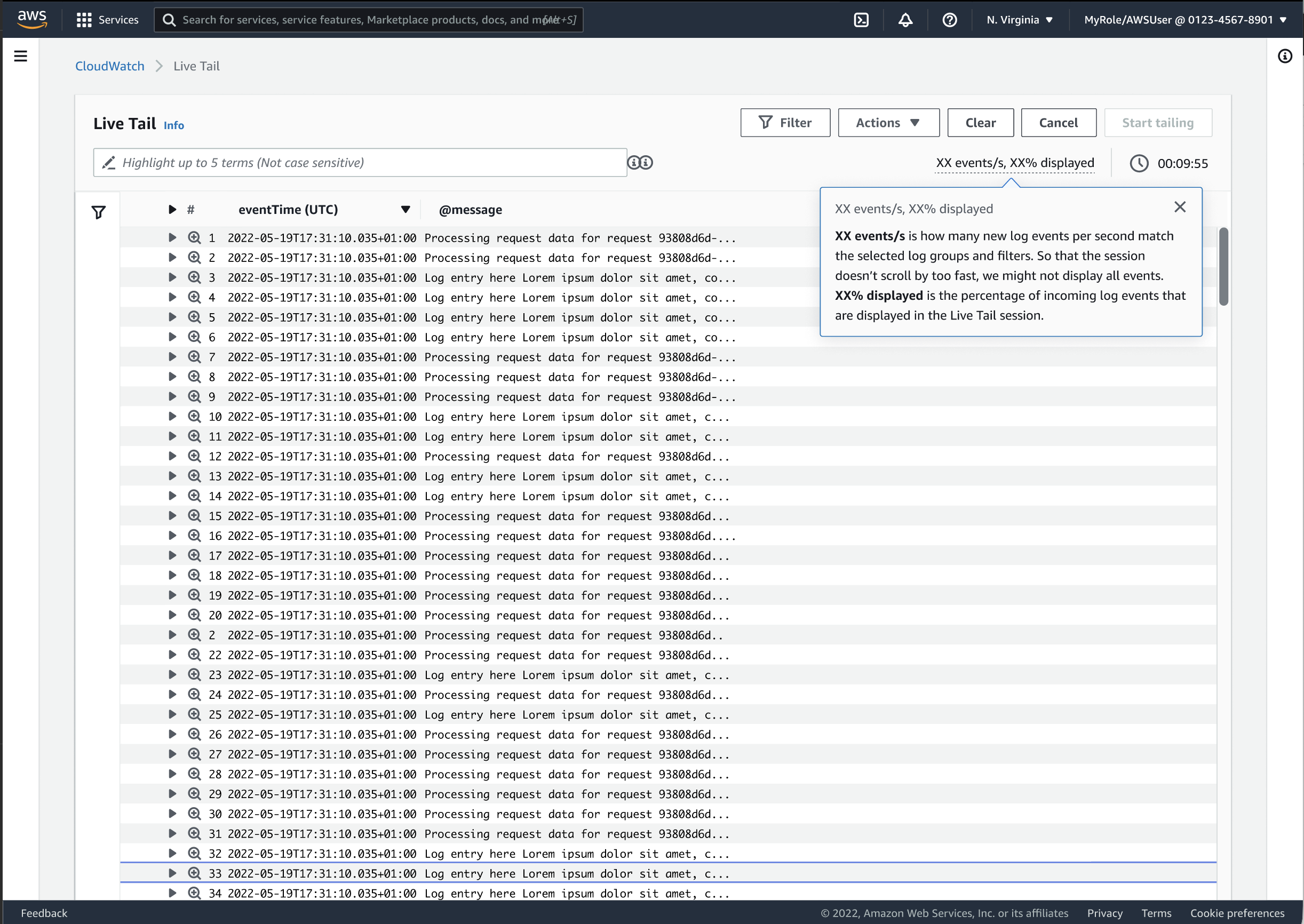 Screenshot: display rate indicator and session management controls
