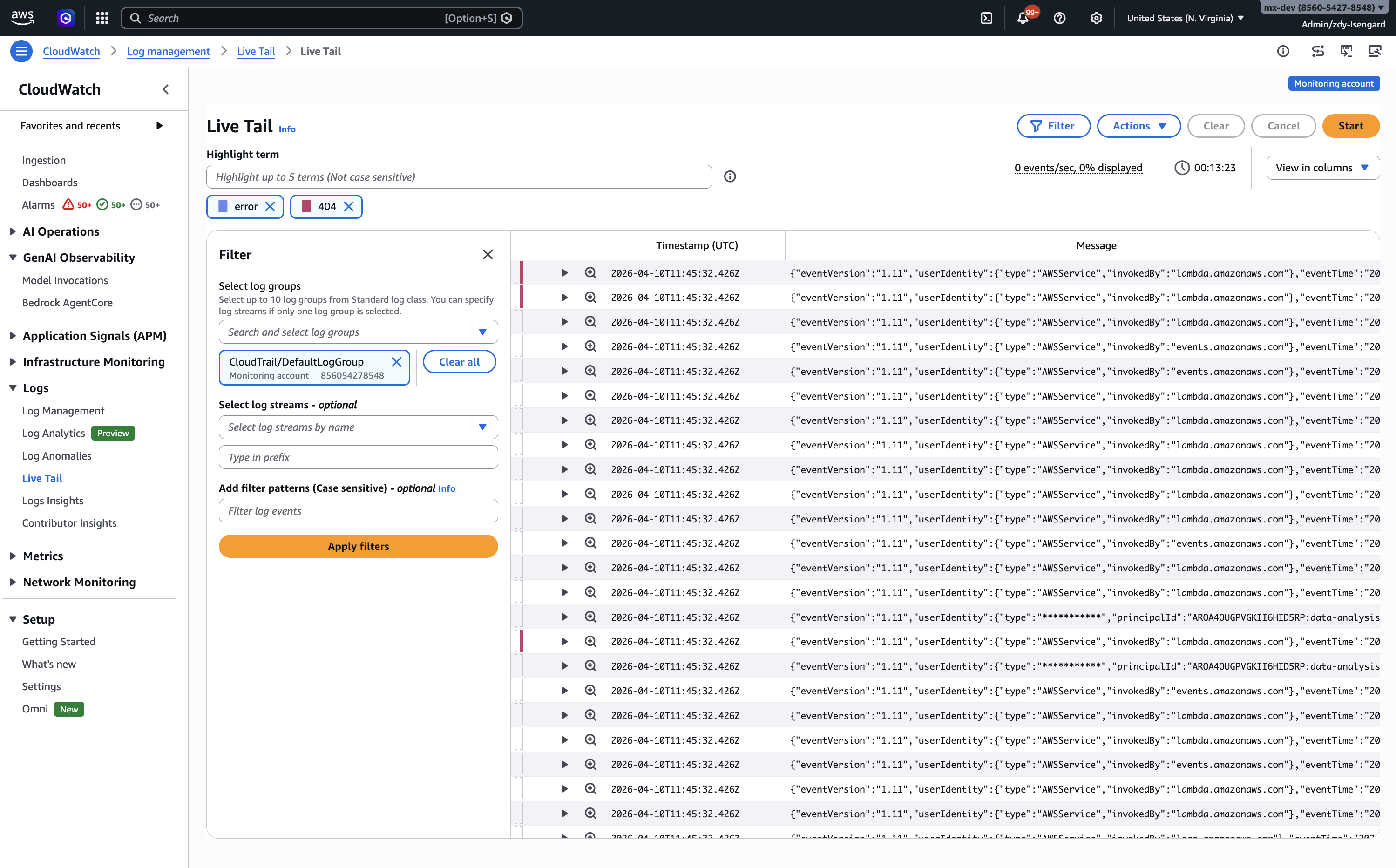 Live Tail console — real-time log streaming interface
